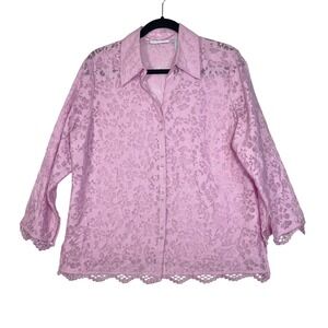 JH Collectibles Women Top Size L Pink Floral Lace‎ Button Down 3/4 Sleeve Blouse